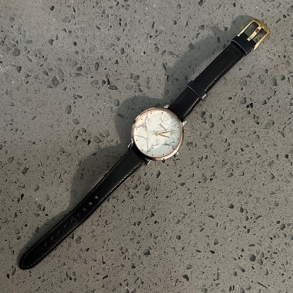 Fossil Black Leather Watch with White Marble Dial